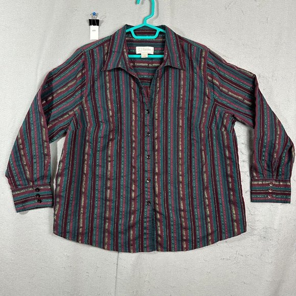 CJ Banks Womens Button Up Top Long Sleeve Stripes Maroon Green Plus Size 1X - Picture 1 of 11